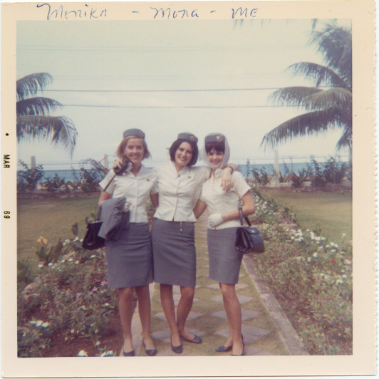 1969 March Susanne Malm & colleagues pose for a picture somewhere in the Caribbean.  In warmer climates Pan Am did not require crew members to wear uniform jackets on the ground.
